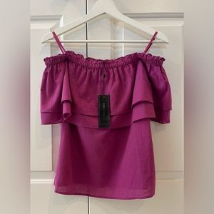 BCBG Off-The-Shoulder Flounced Top. Size:XS. Color: Viola. Originally US$158+tax